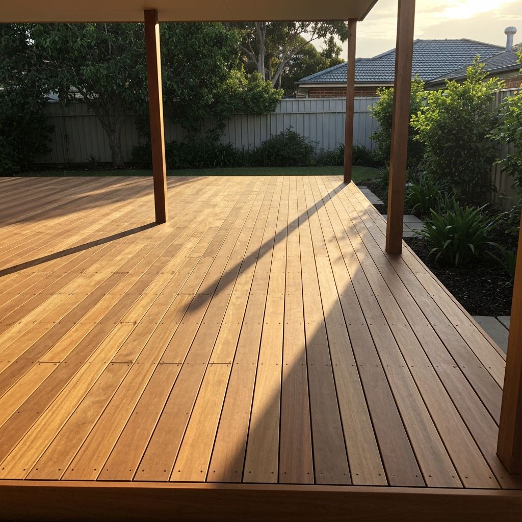 Freshly installed hardwood timber deck in an Australian backyard